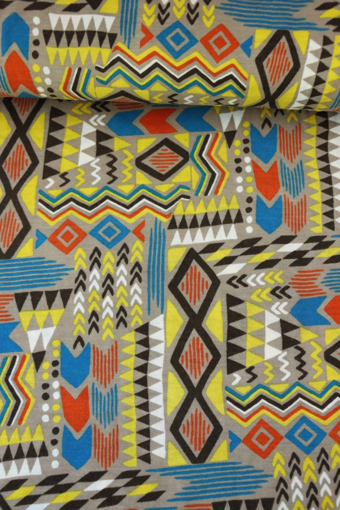 1YD PRECUT; Summer Camp Geometric (Yellow/Orange/Blue) Poly Rayon Jersey