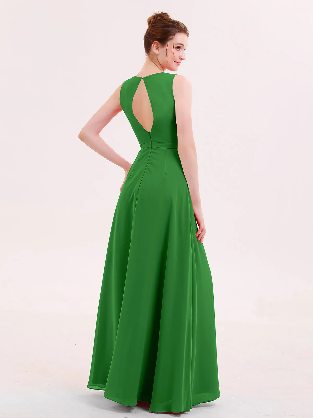 A-line Chiffon Open Back Dress With V-Neck Green