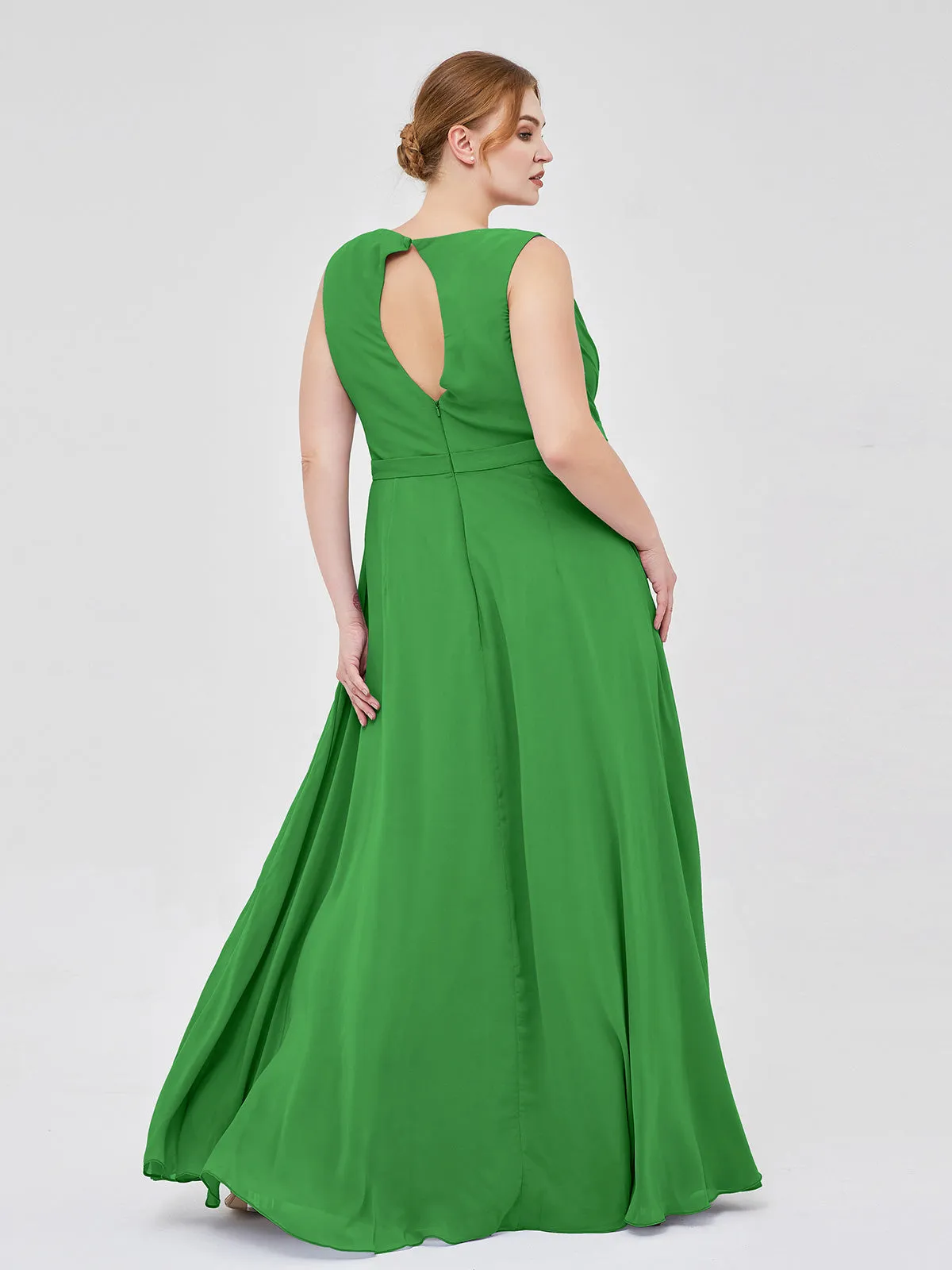 A-line Chiffon Open Back Dress With V-Neck Green