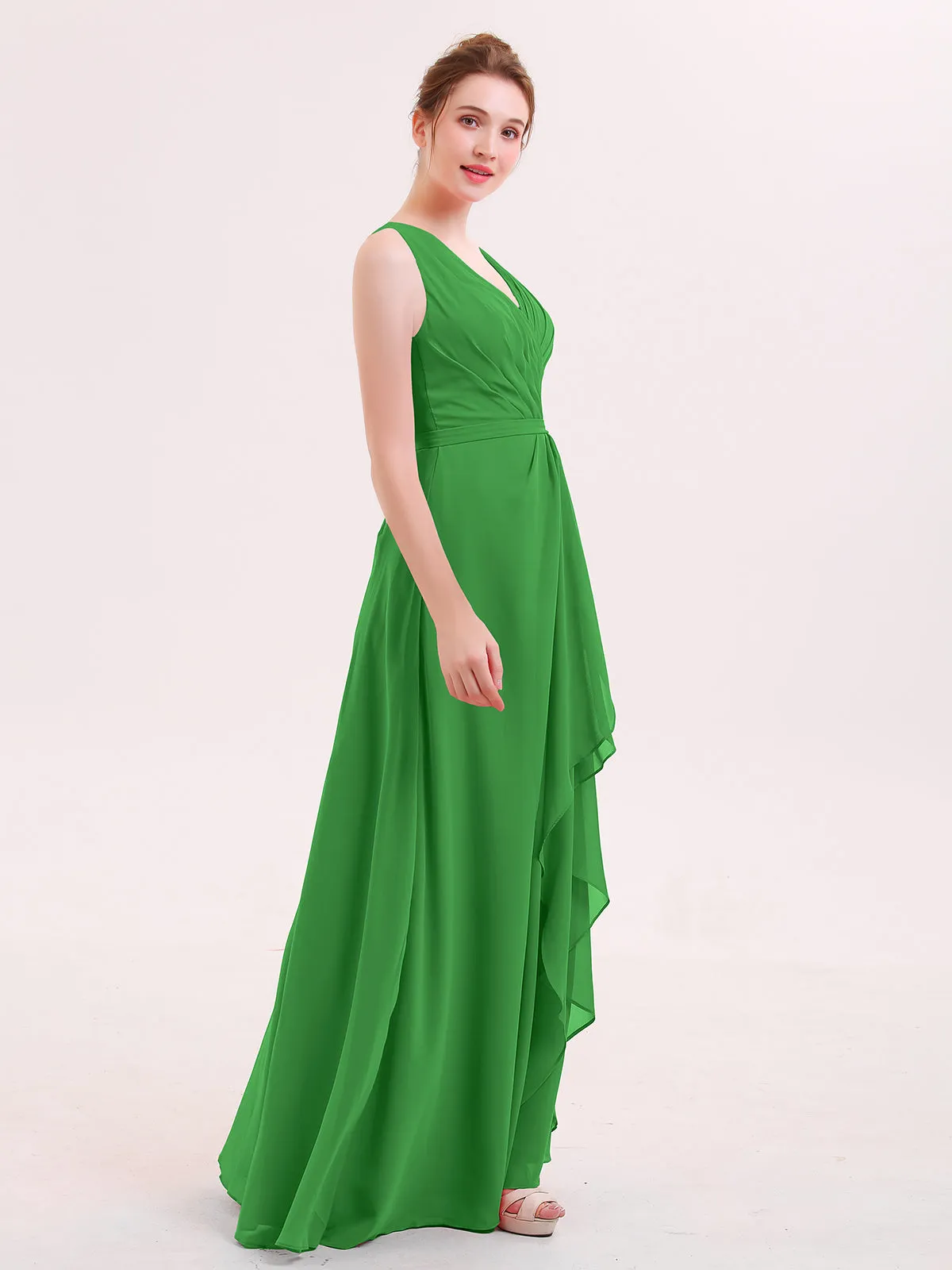 A-line Chiffon Open Back Dress With V-Neck Green
