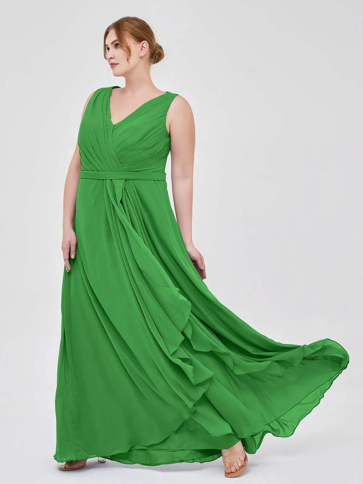A-line Chiffon Open Back Dress With V-Neck Green