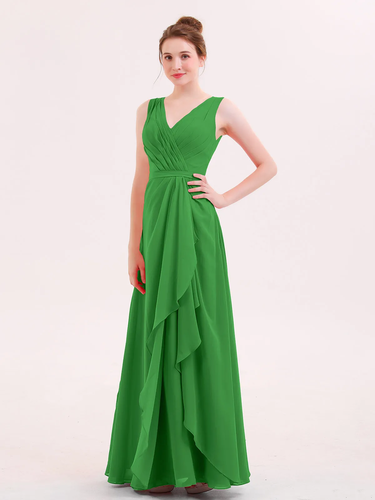 A-line Chiffon Open Back Dress With V-Neck Green