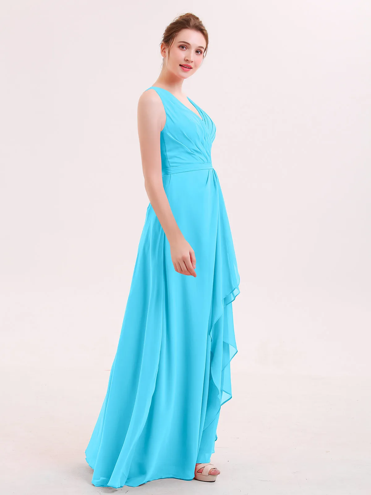 A-line Chiffon Open Back Dress With V-Neck Pool