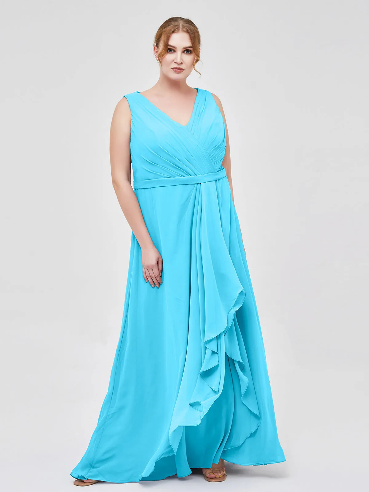 A-line Chiffon Open Back Dress With V-Neck Pool