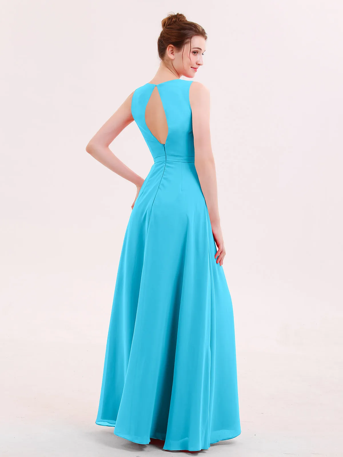 A-line Chiffon Open Back Dress With V-Neck Pool