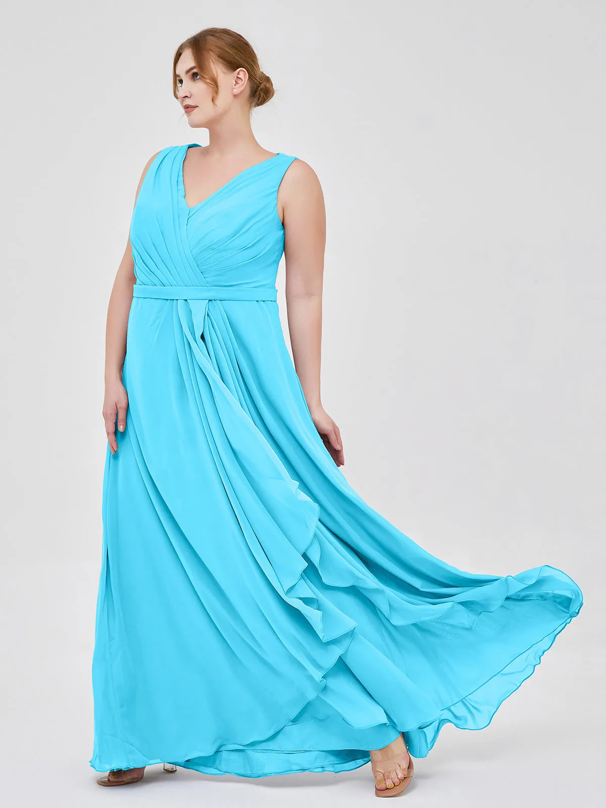 A-line Chiffon Open Back Dress With V-Neck Pool