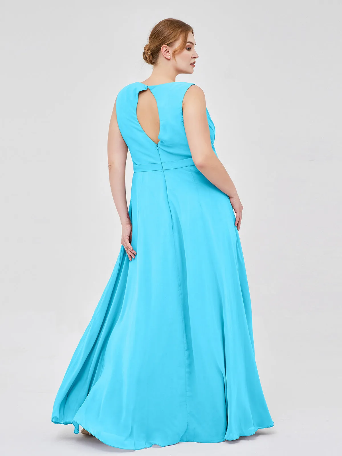 A-line Chiffon Open Back Dress With V-Neck Pool