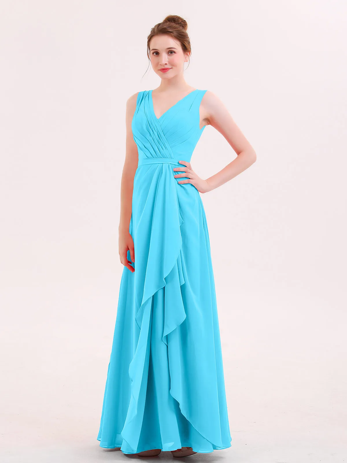 A-line Chiffon Open Back Dress With V-Neck Pool