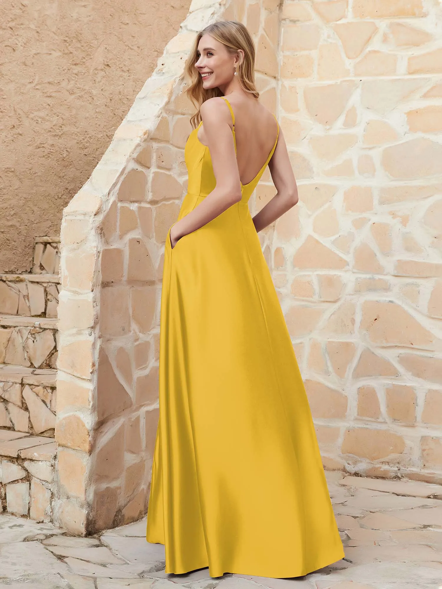 A Line Cowl Neck Satin Dress With Slit Marigold