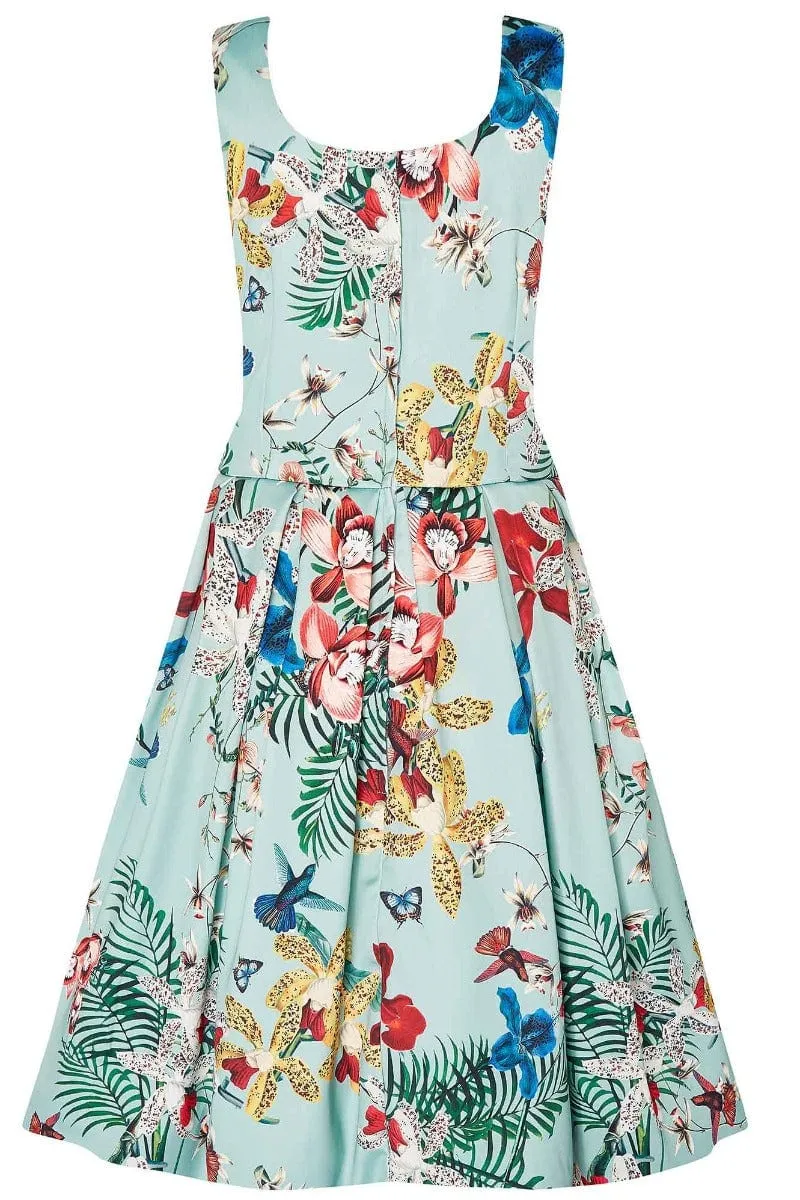 Amanda Vintage Inspired Botanical Print Satin Dress In Mint