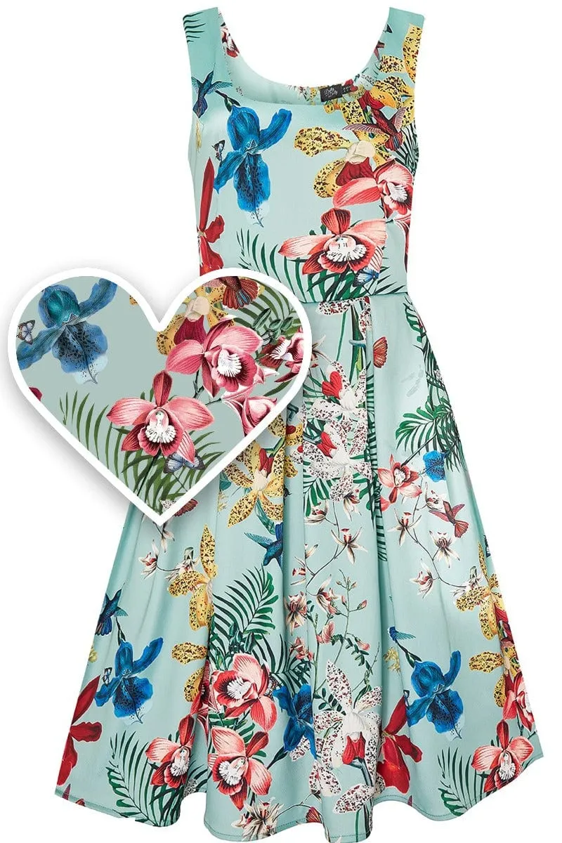 Amanda Vintage Inspired Botanical Print Satin Dress In Mint