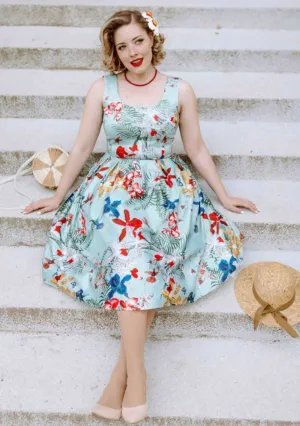 Amanda Vintage Inspired Botanical Print Satin Dress In Mint