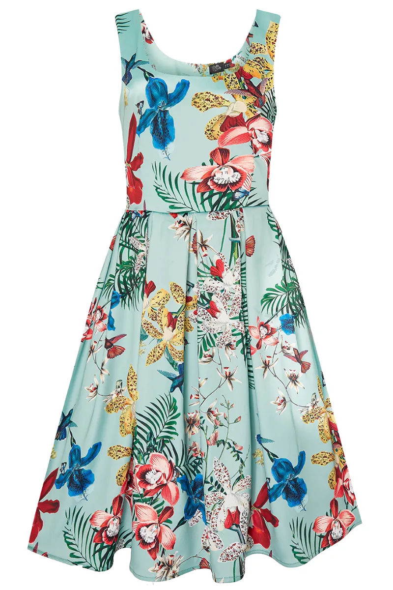 Amanda Vintage Inspired Botanical Print Satin Dress In Mint