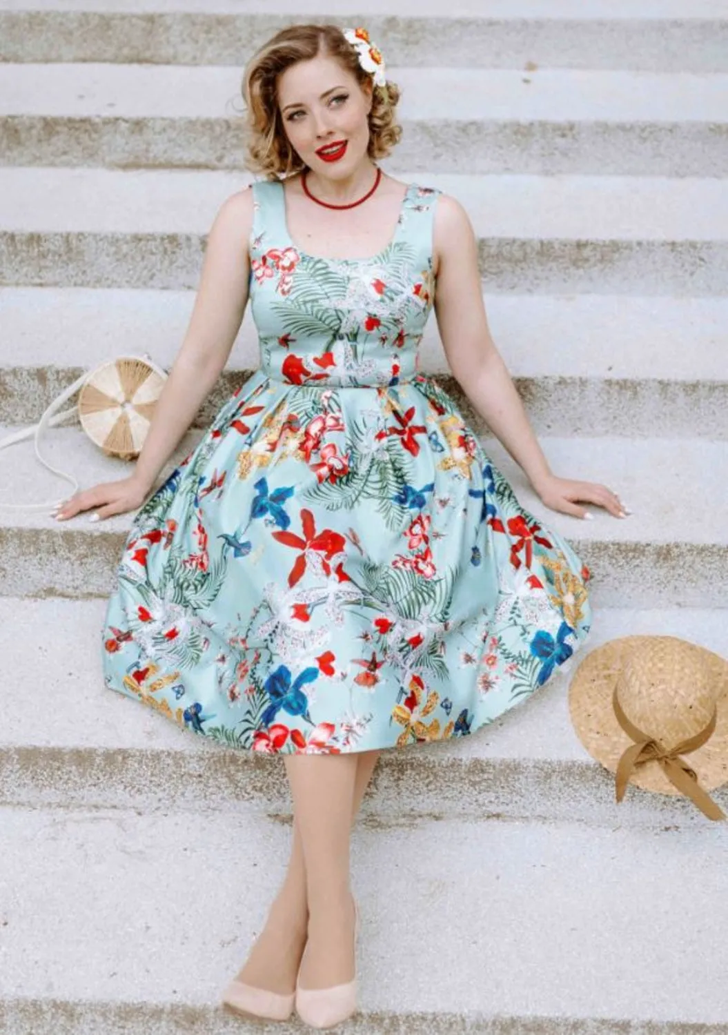 Amanda Vintage Inspired Botanical Print Satin Dress In Mint