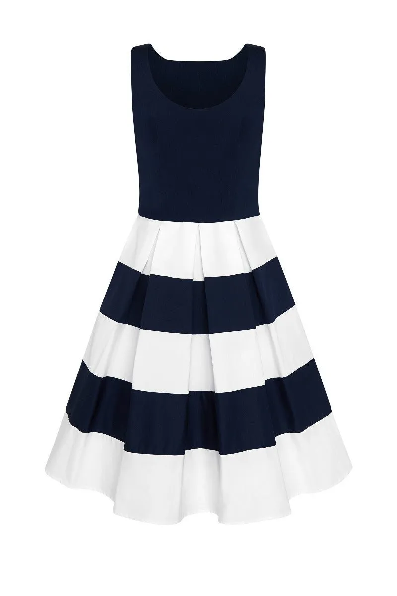 Anna Nautical Striped 50s Swing Dress in Navy