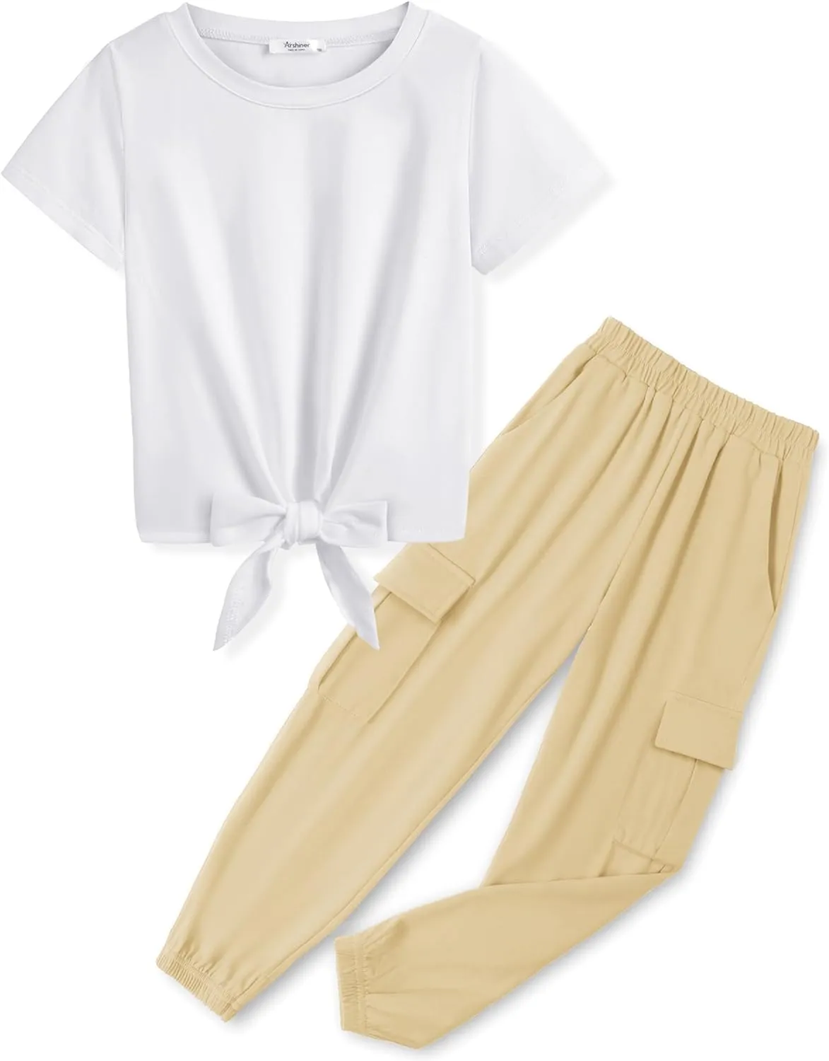Arshiner Girls 2 Piece Outfits Tie Knot Front Tops and Cargo Jogger Pants Set