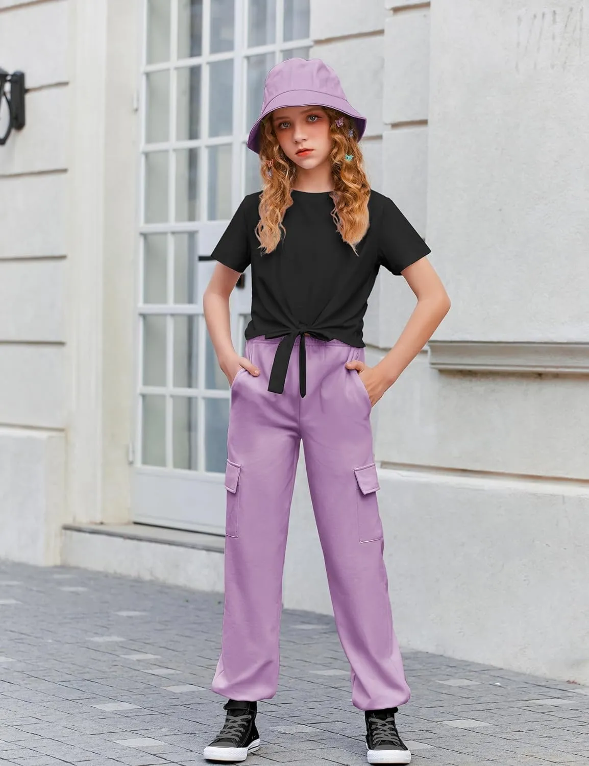 Arshiner Girls 2 Piece Outfits Tie Knot Front Tops and Cargo Jogger Pants Set