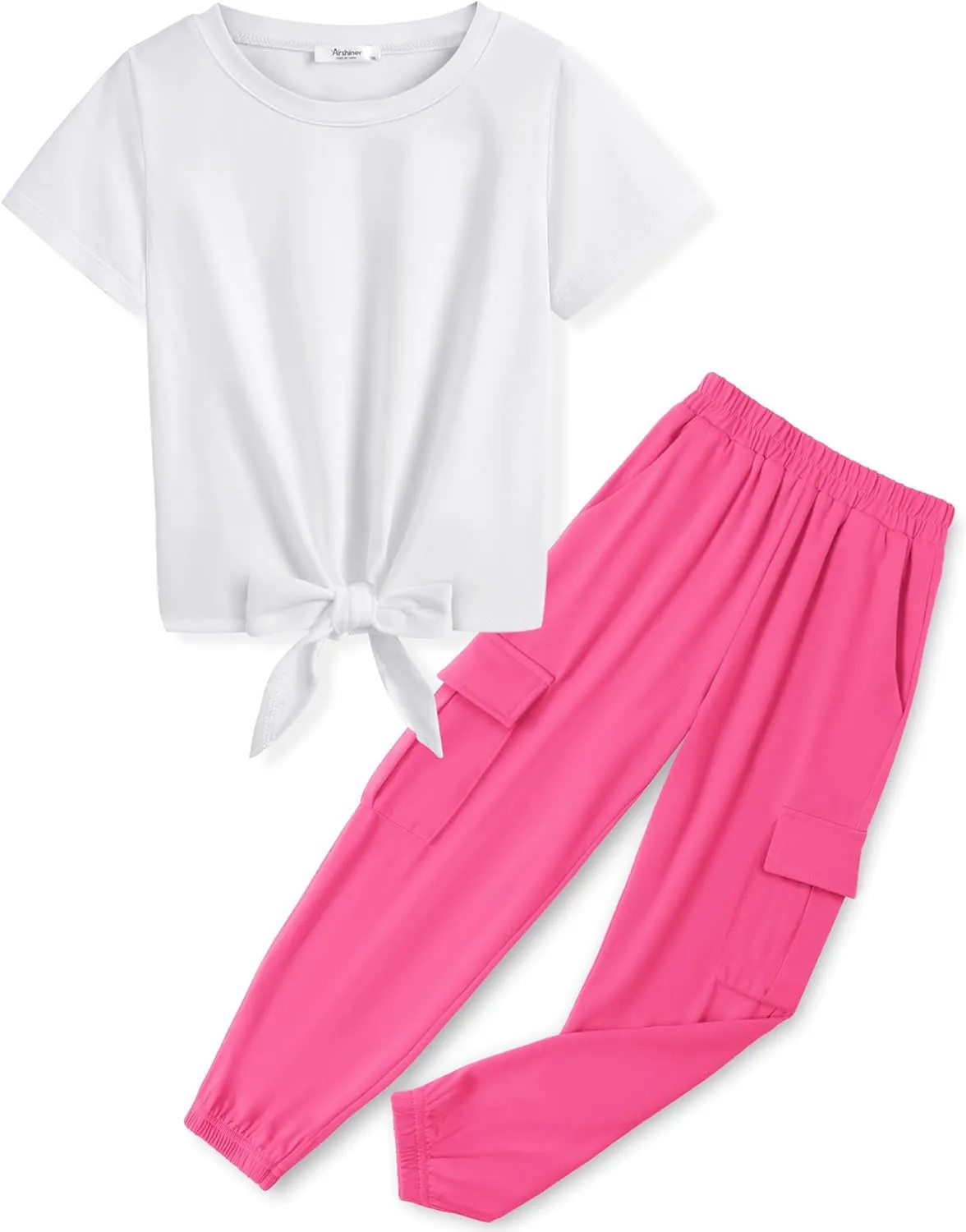 Arshiner Girls 2 Piece Outfits Tie Knot Front Tops and Cargo Jogger Pants Set