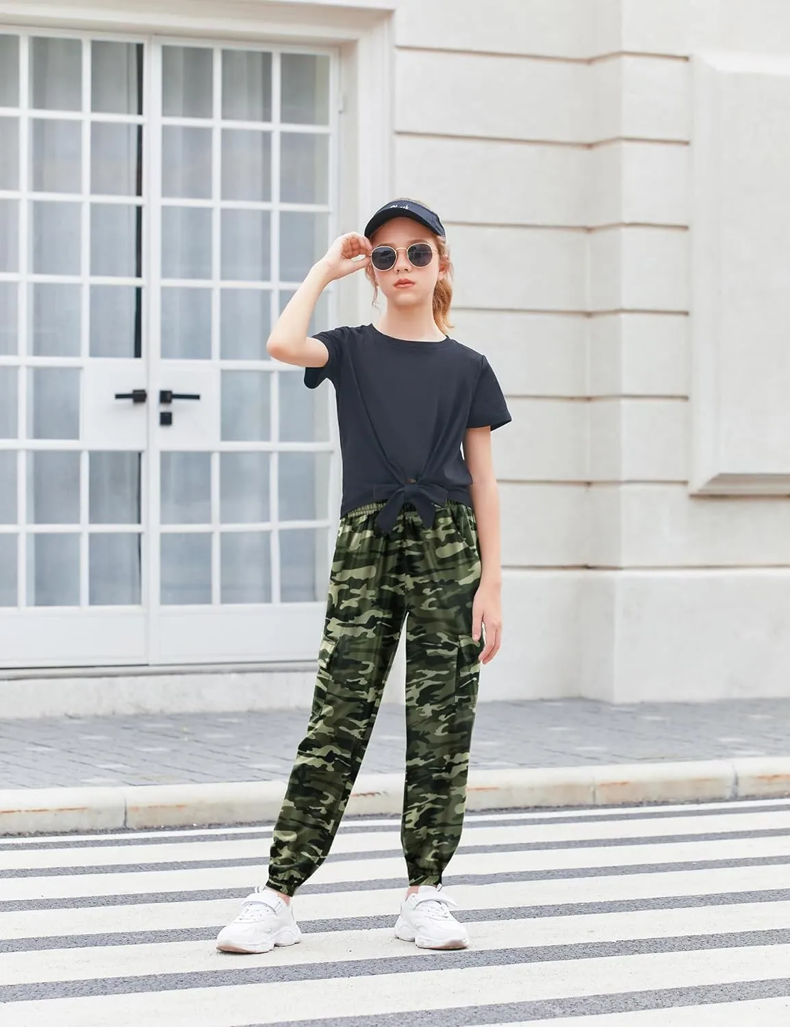 Arshiner Girls 2 Piece Outfits Tie Knot Front Tops and Cargo Jogger Pants Set