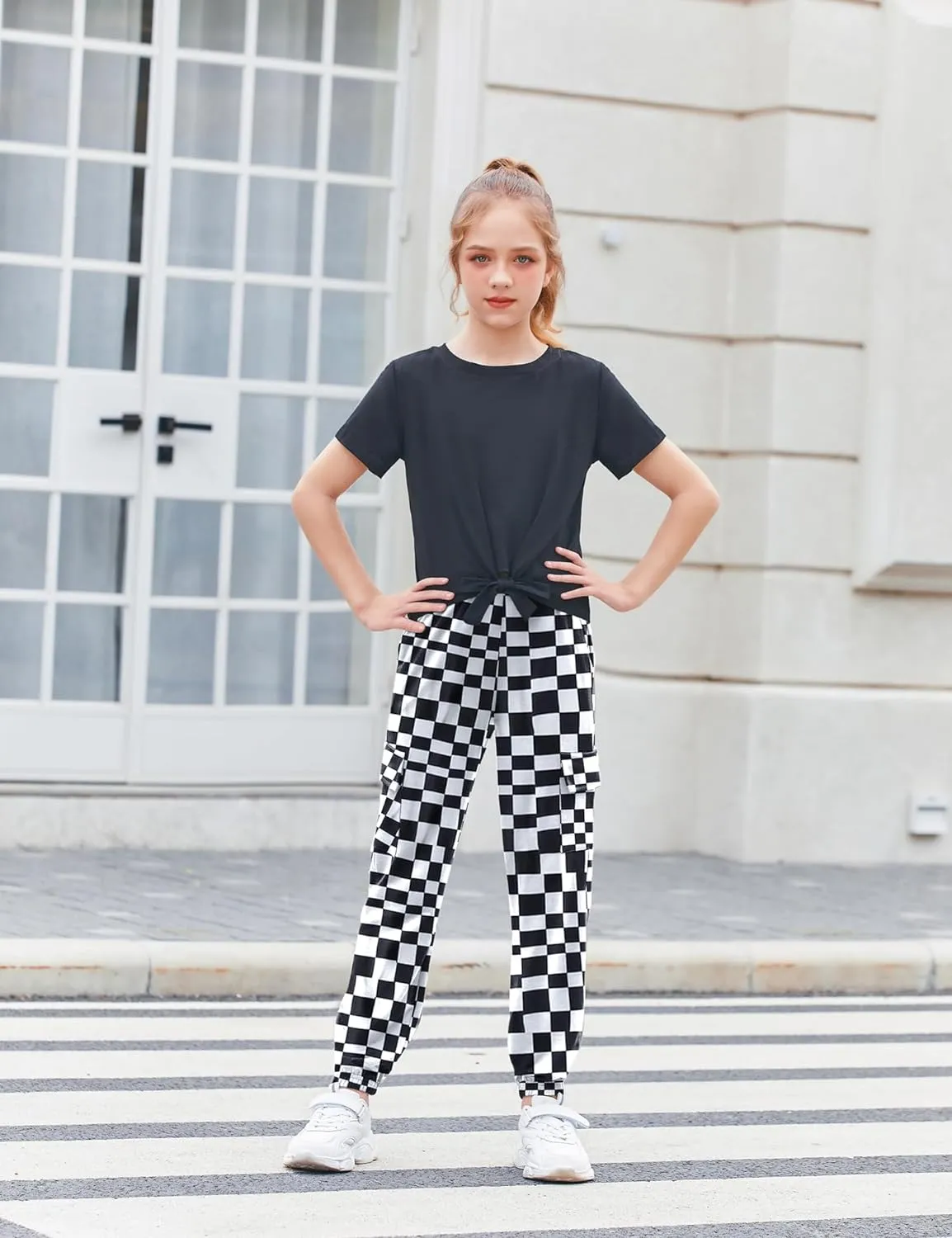 Arshiner Girls 2 Piece Outfits Tie Knot Front Tops and Cargo Jogger Pants Set