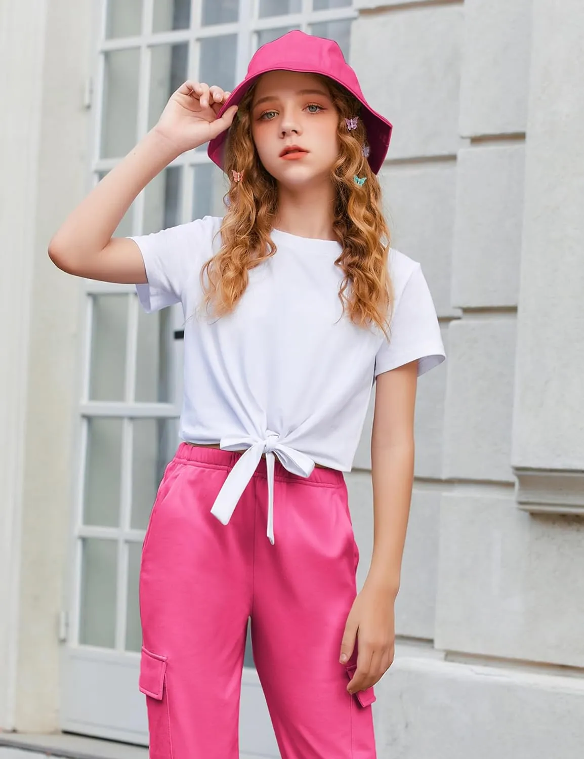 Arshiner Girls 2 Piece Outfits Tie Knot Front Tops and Cargo Jogger Pants Set