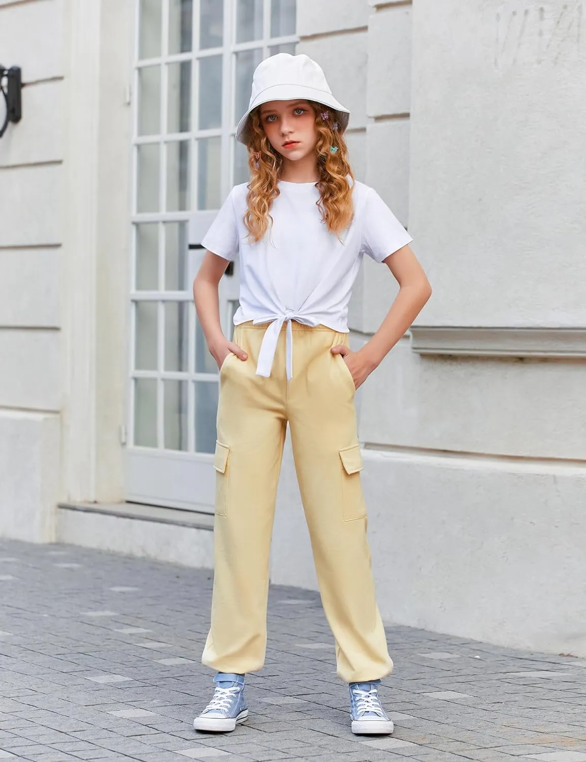 Arshiner Girls 2 Piece Outfits Tie Knot Front Tops and Cargo Jogger Pants Set