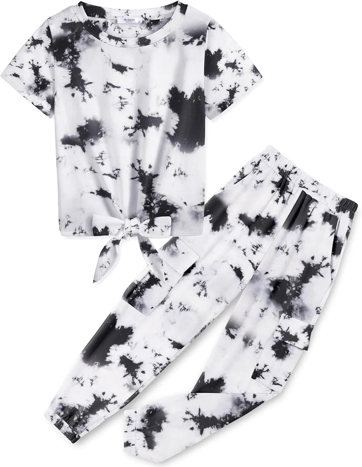Arshiner Girls 2 Piece Outfits Tie Knot Front Tops and Cargo Jogger Pants Set