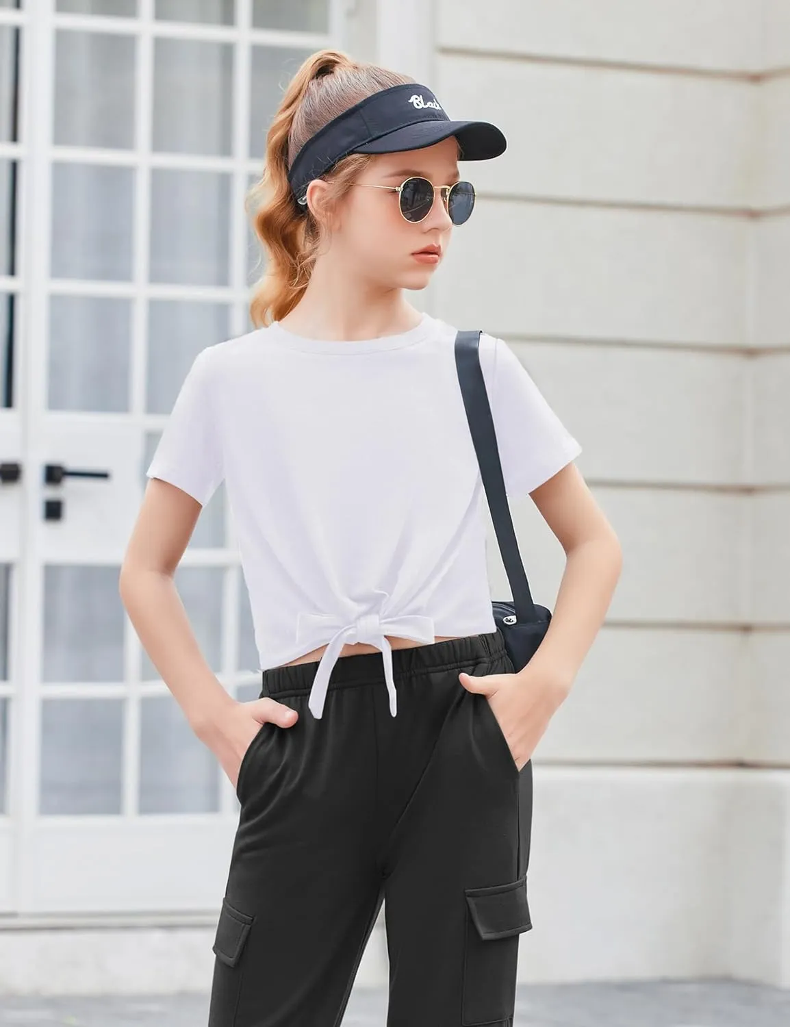 Arshiner Girls 2 Piece Outfits Tie Knot Front Tops and Cargo Jogger Pants Set
