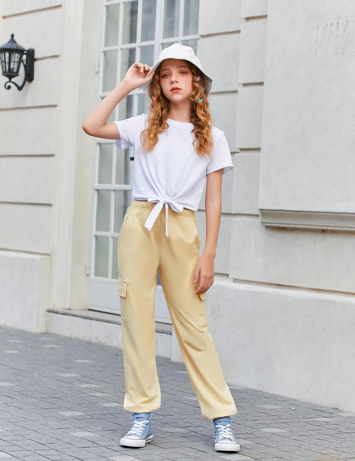 Arshiner Girls 2 Piece Outfits Tie Knot Front Tops and Cargo Jogger Pants Set