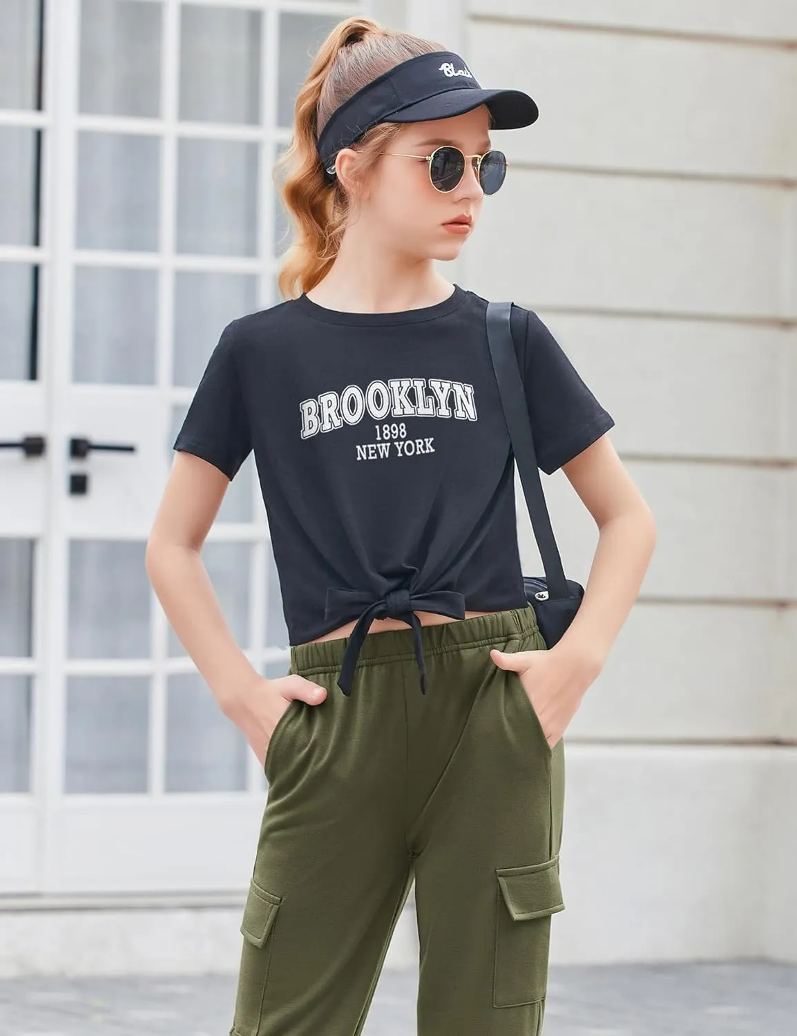 Arshiner Girls 2 Piece Outfits Tie Knot Front Tops and Cargo Jogger Pants Set