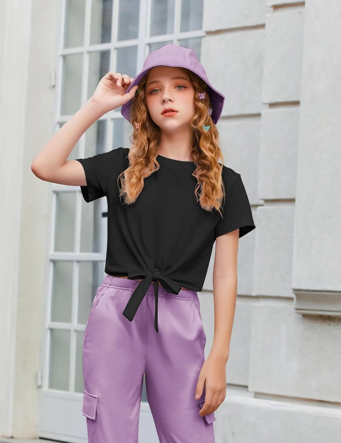 Arshiner Girls 2 Piece Outfits Tie Knot Front Tops and Cargo Jogger Pants Set