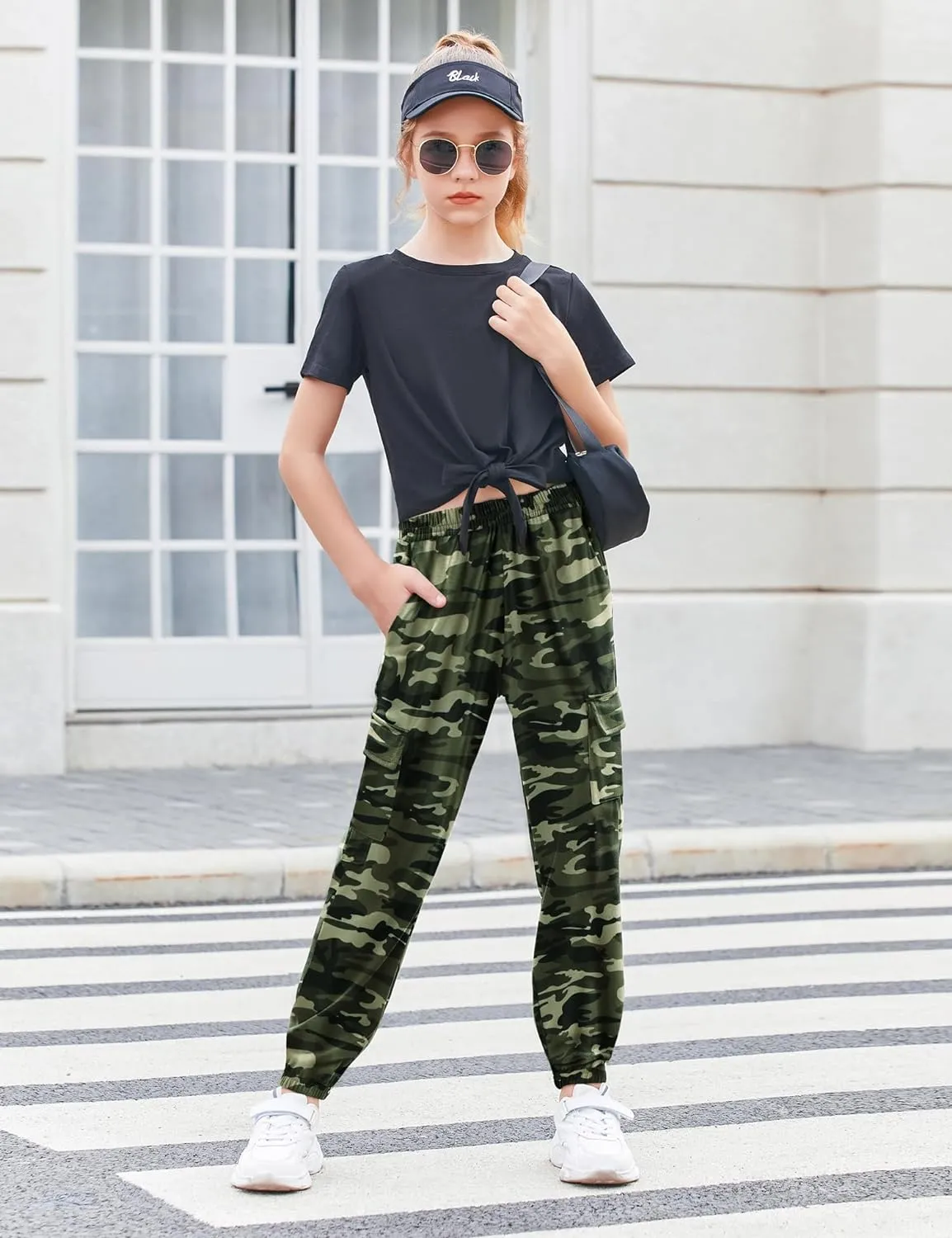 Arshiner Girls 2 Piece Outfits Tie Knot Front Tops and Cargo Jogger Pants Set