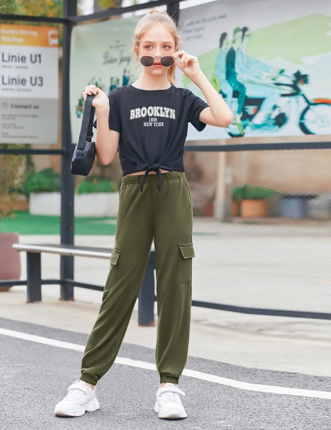 Arshiner Girls 2 Piece Outfits Tie Knot Front Tops and Cargo Jogger Pants Set