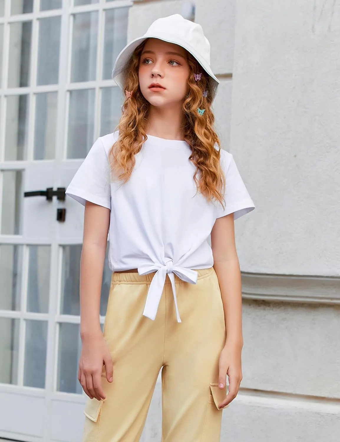 Arshiner Girls 2 Piece Outfits Tie Knot Front Tops and Cargo Jogger Pants Set