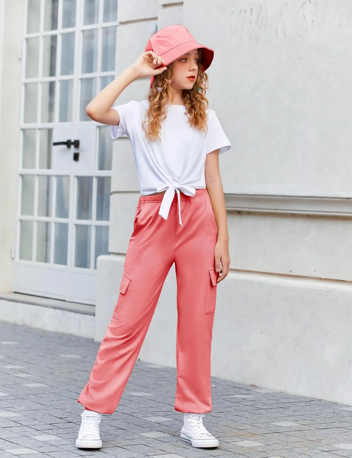Arshiner Girls 2 Piece Outfits Tie Knot Front Tops and Cargo Jogger Pants Set
