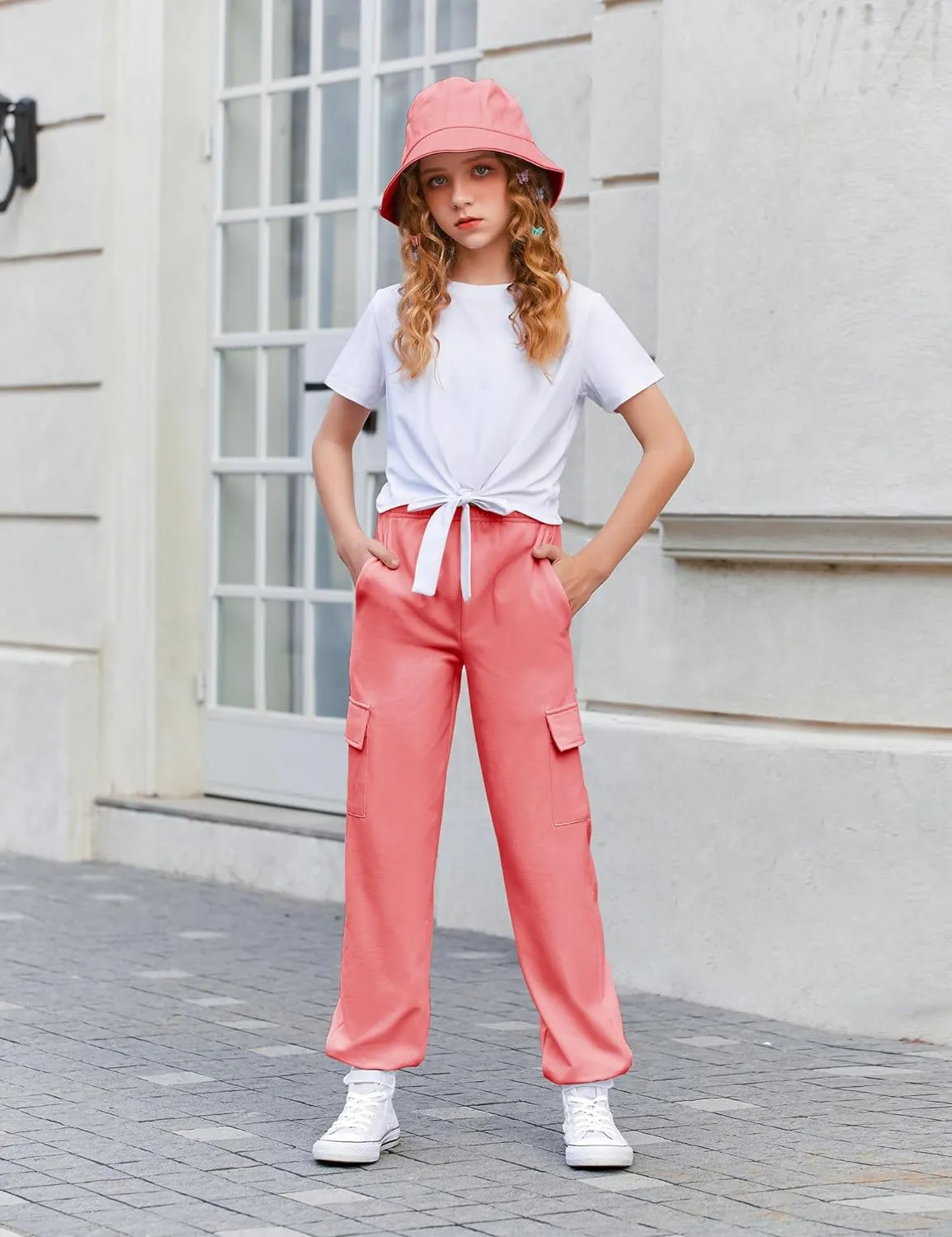 Arshiner Girls 2 Piece Outfits Tie Knot Front Tops and Cargo Jogger Pants Set