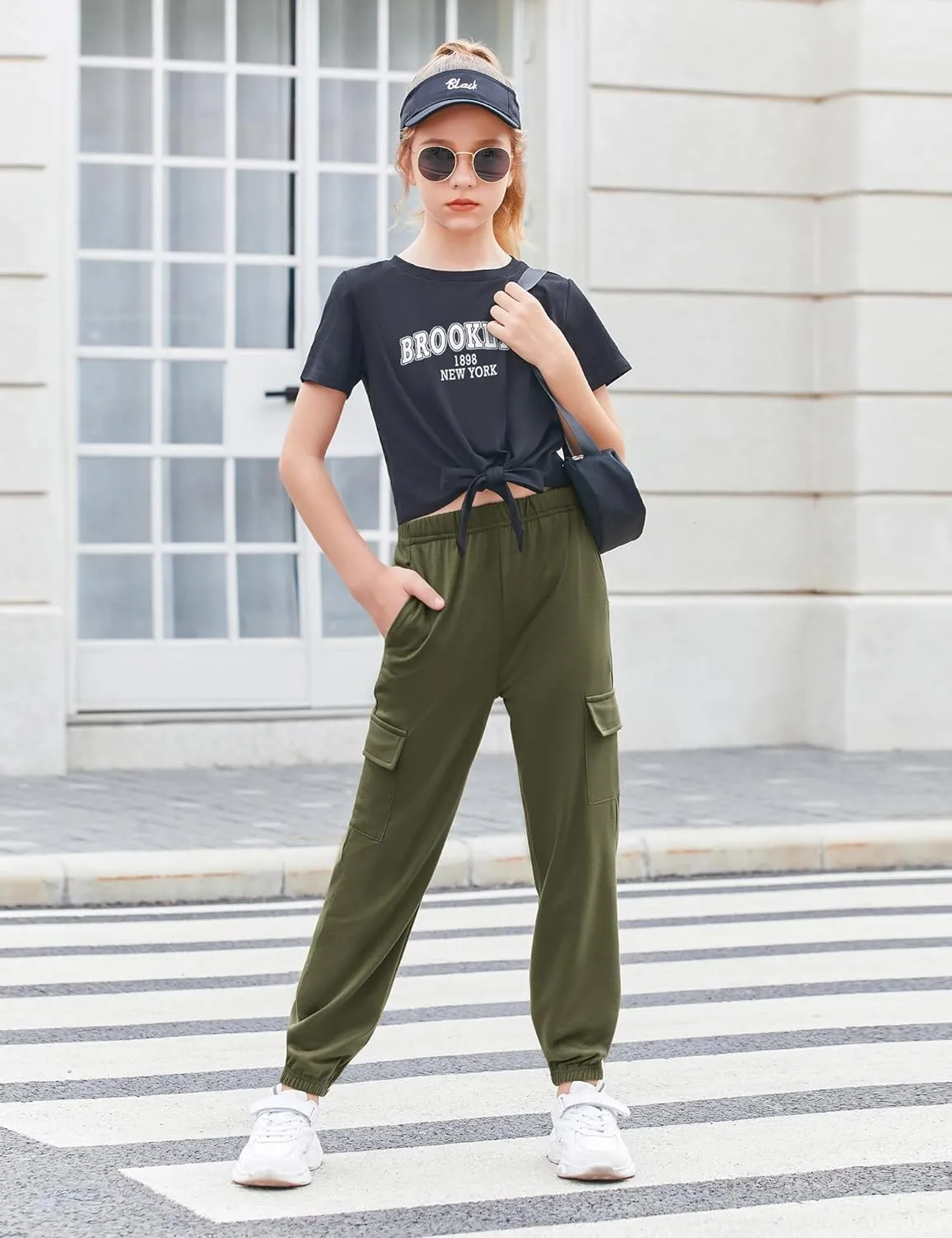 Arshiner Girls 2 Piece Outfits Tie Knot Front Tops and Cargo Jogger Pants Set