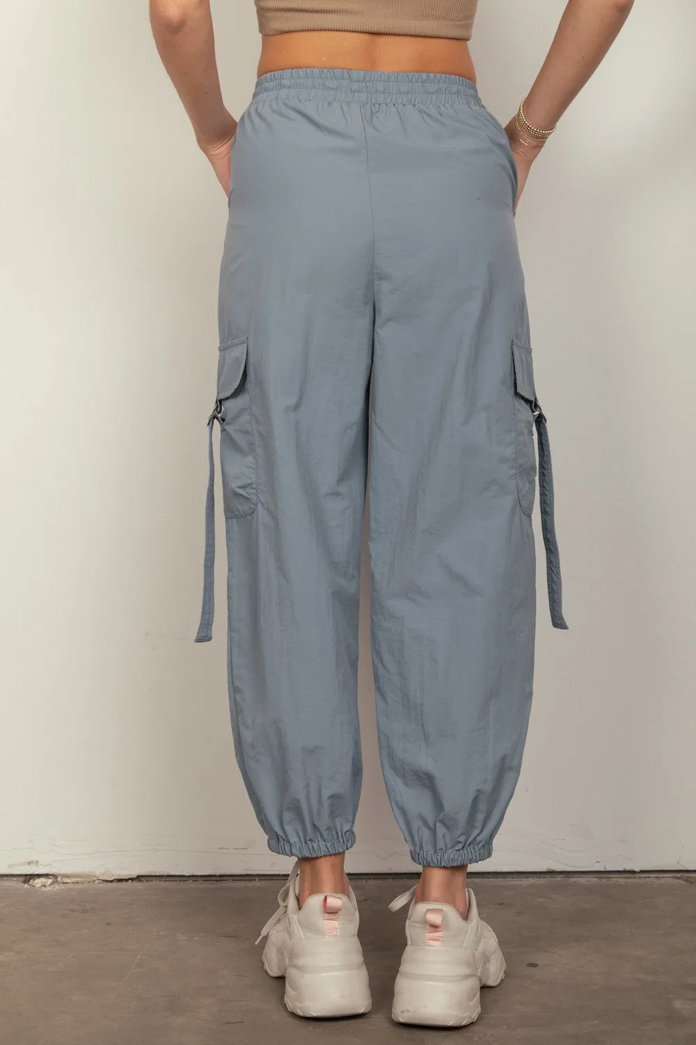 Blue Elastic Waist Woven Cargo Pants