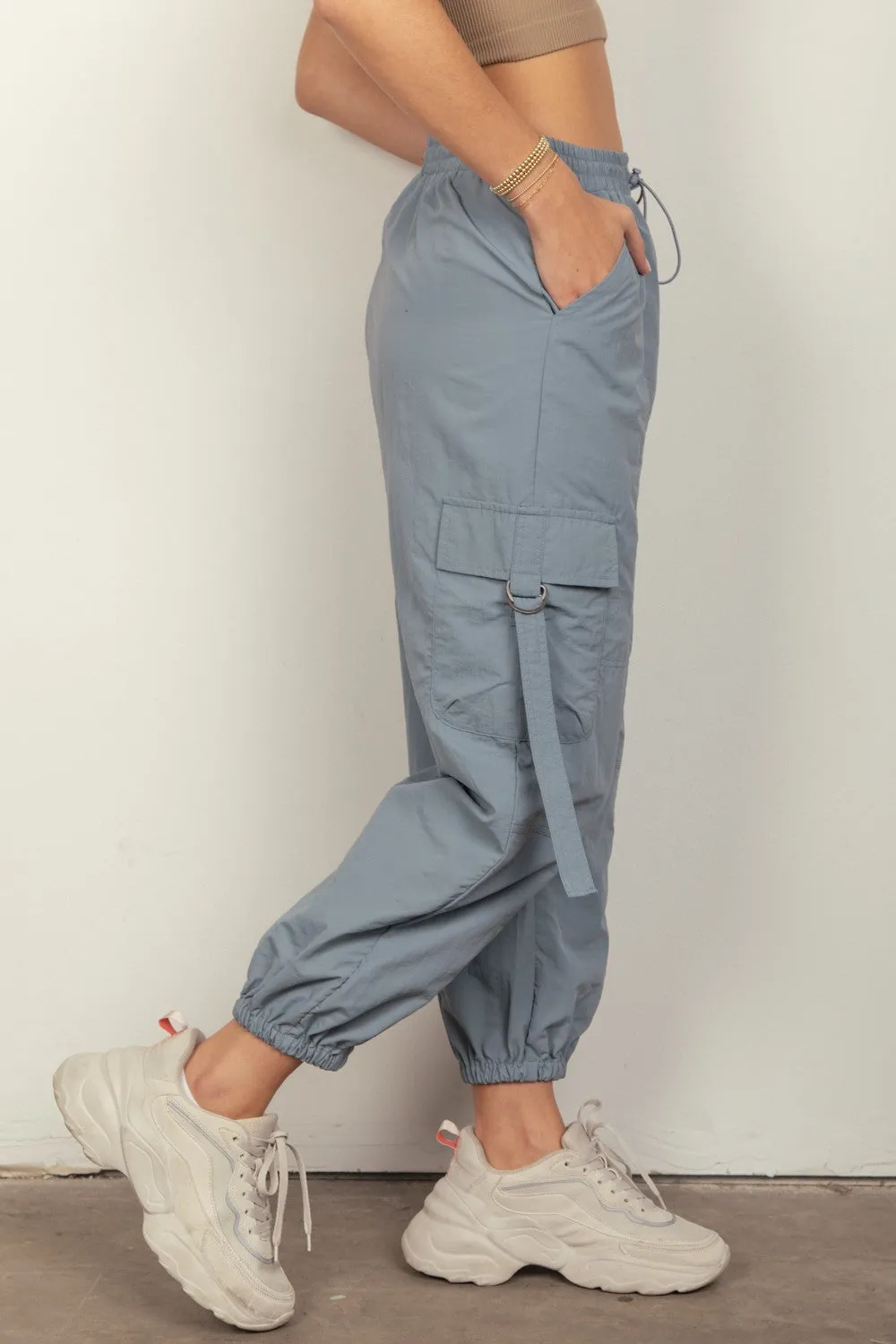 Blue Elastic Waist Woven Cargo Pants