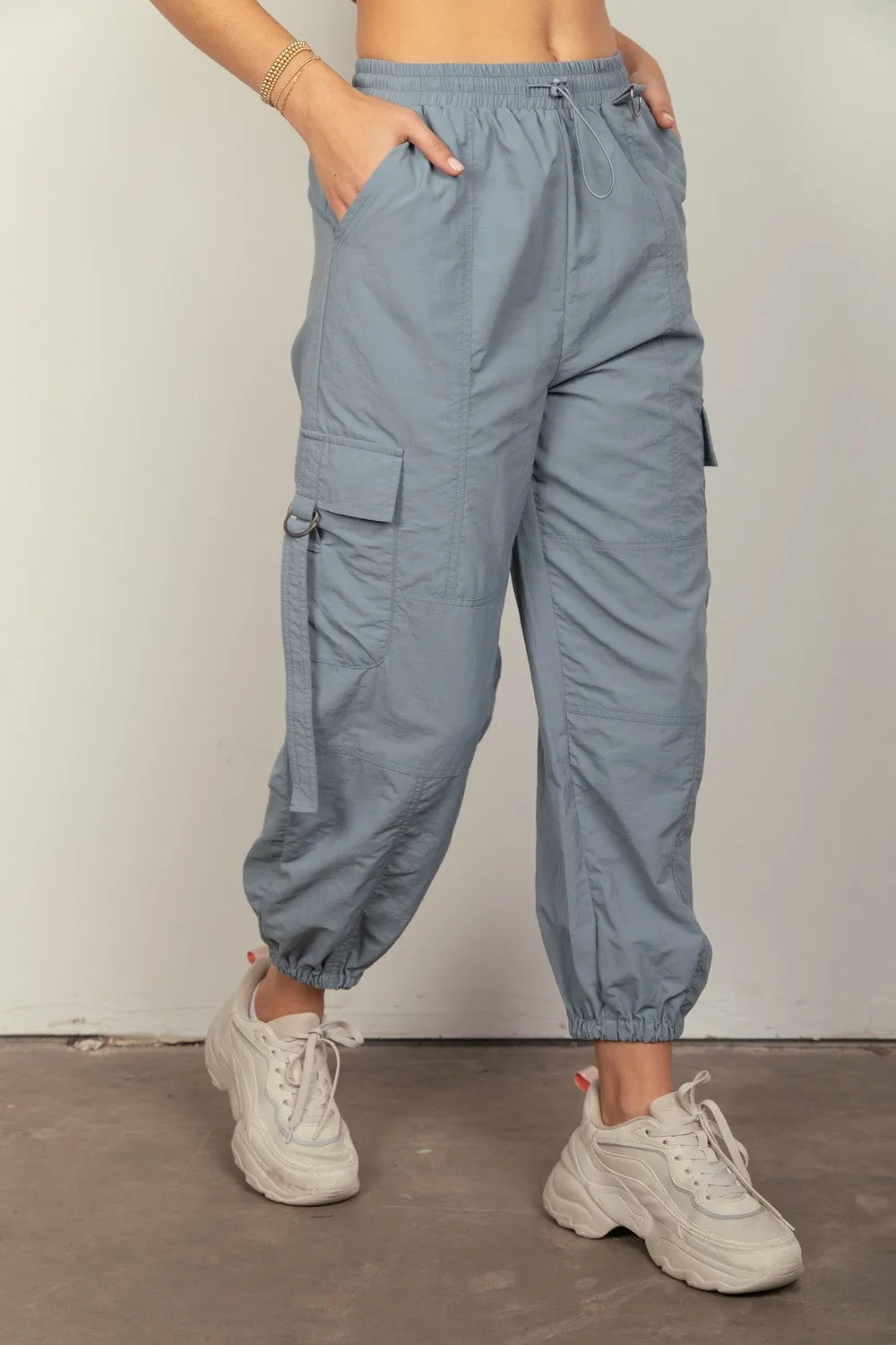 Blue Elastic Waist Woven Cargo Pants