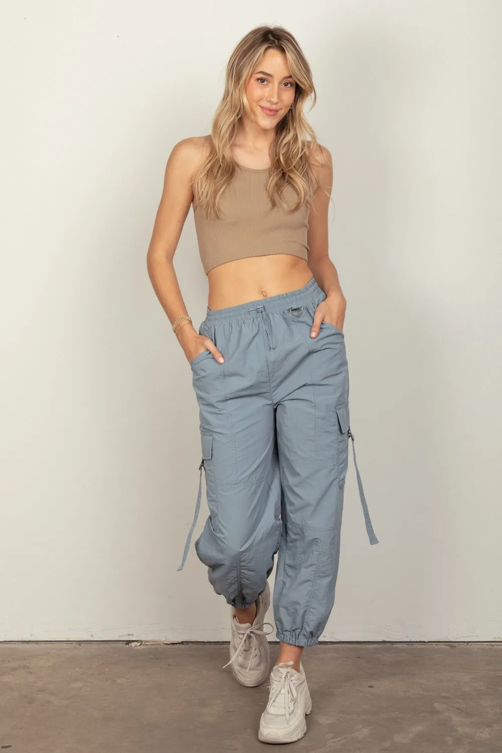 Blue Elastic Waist Woven Cargo Pants