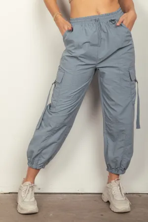 Blue Elastic Waist Woven Cargo Pants