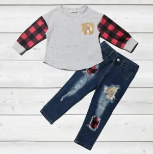 Buffalo Plaid & Sequin 2 Piece Demin Set