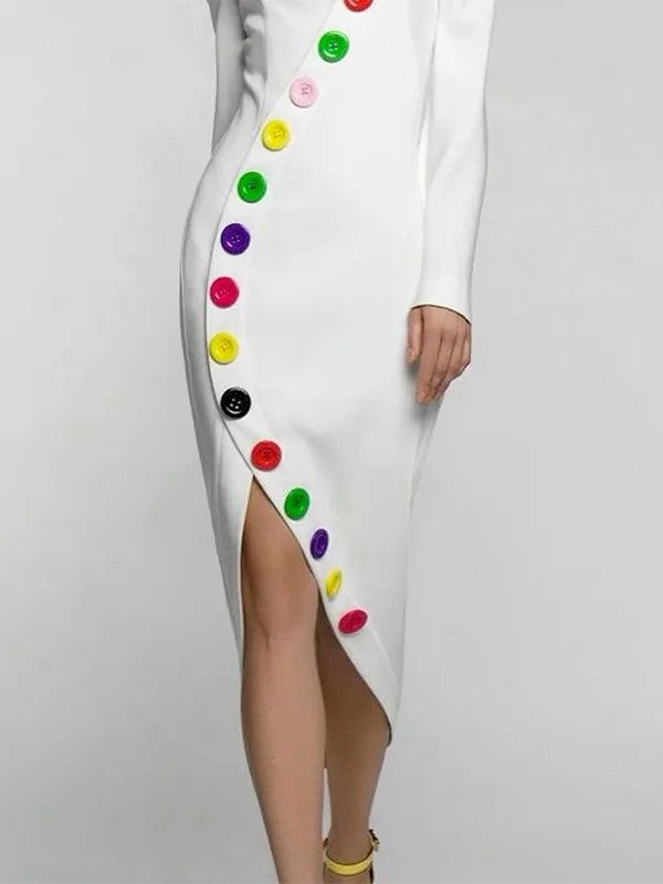 Buttoned Contrast Color Long Sleeves High Neck Midi Dresses