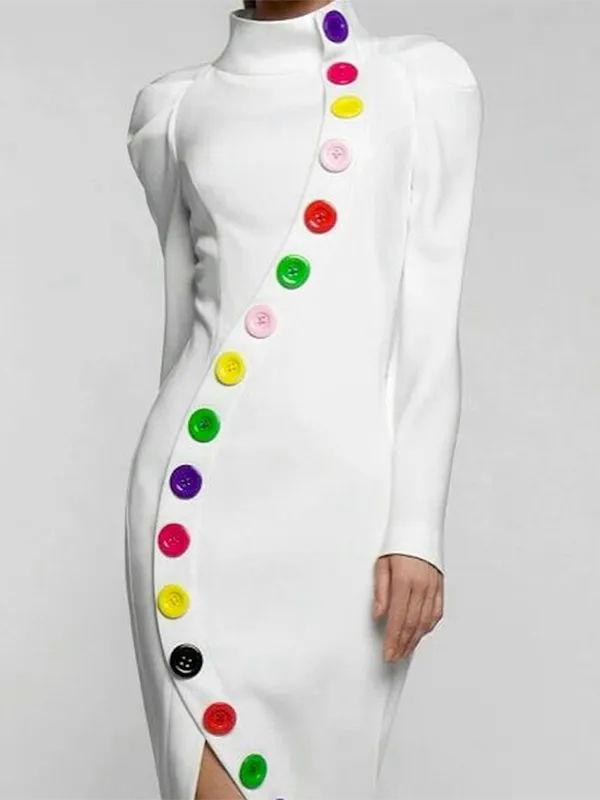Buttoned Contrast Color Long Sleeves High Neck Midi Dresses