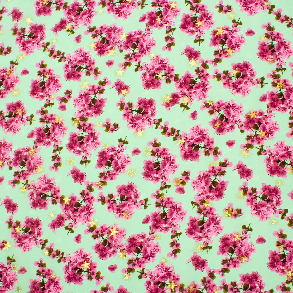 Candy Pink Floral Printed Mint Green Silk Jacquard