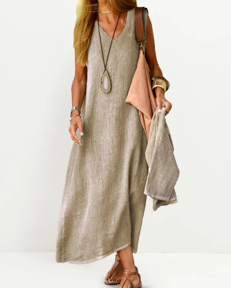Casual Sleeveless Dress Solid V Neck Tank Long Dresses Plain Simple Beach Sundress Cover Ups