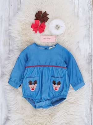 Chambray Embroidered Reindeer Bubble