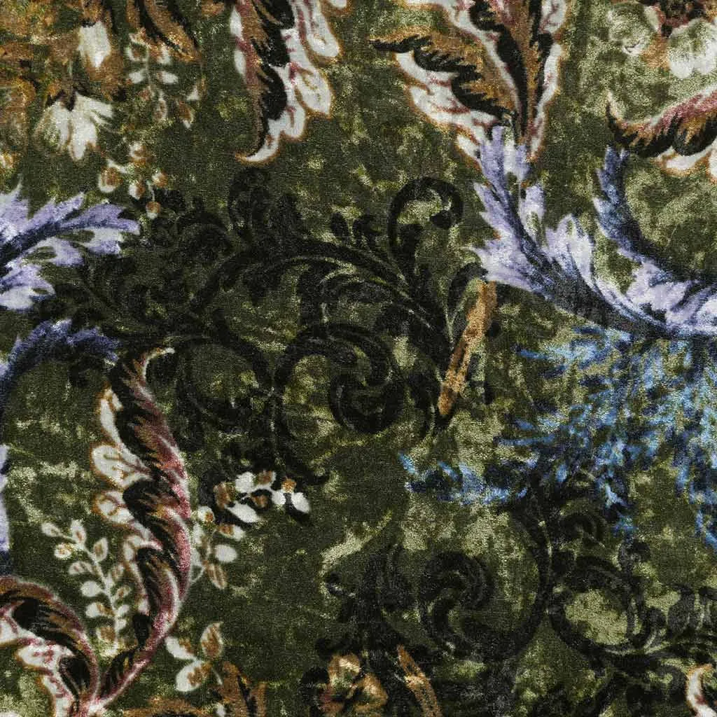 Chelsea - Juniper Green Scrolling Leaves Velour Jersey Fabric Sample