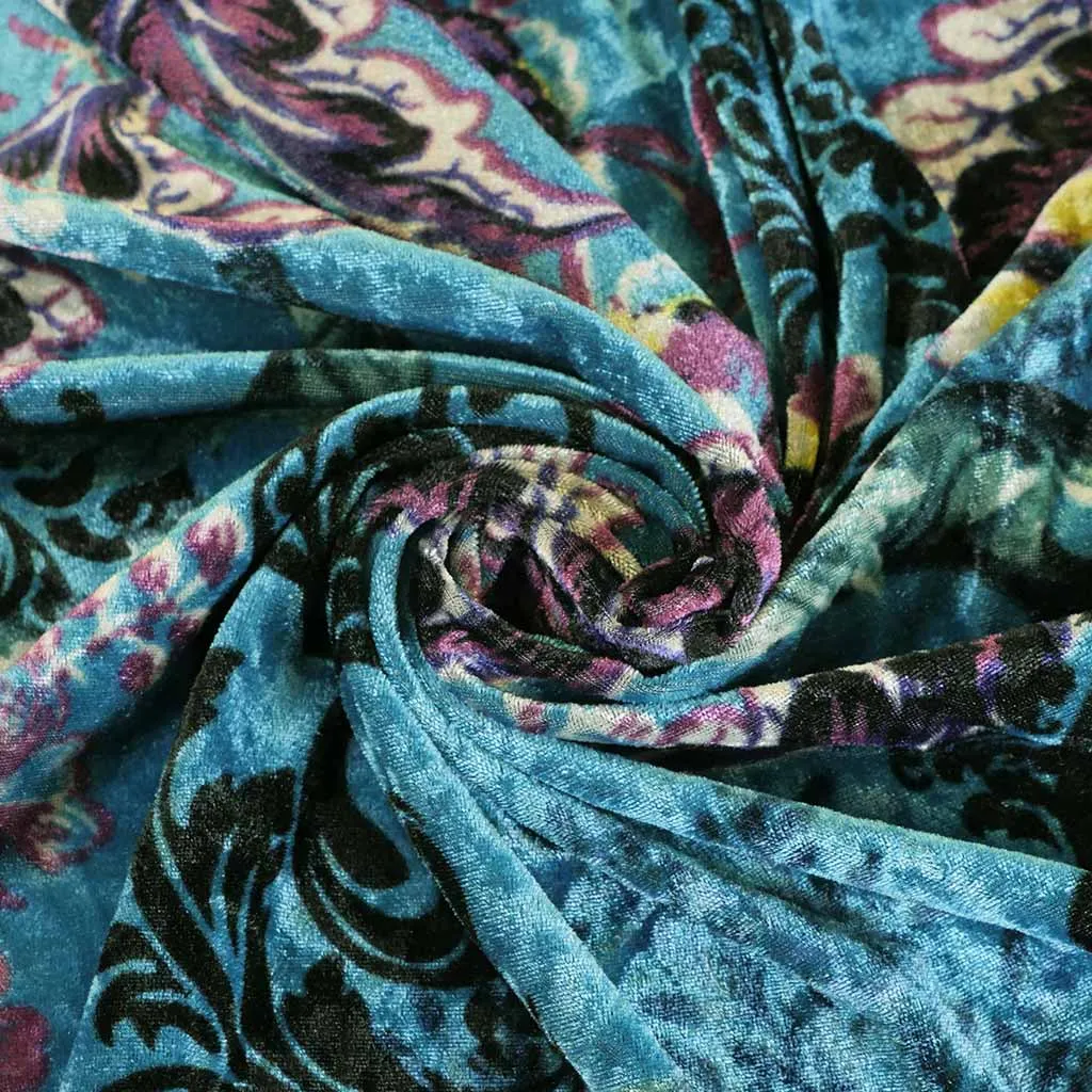 Chelsea - Turquoise Scrolling Leaves Velour Jersey Fabric